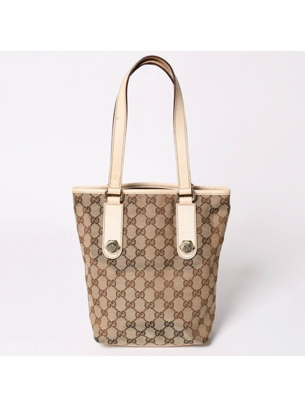 Gucci GG Canvas Tote Shoulder Bag Bucket Shape Leather Ivory Beige